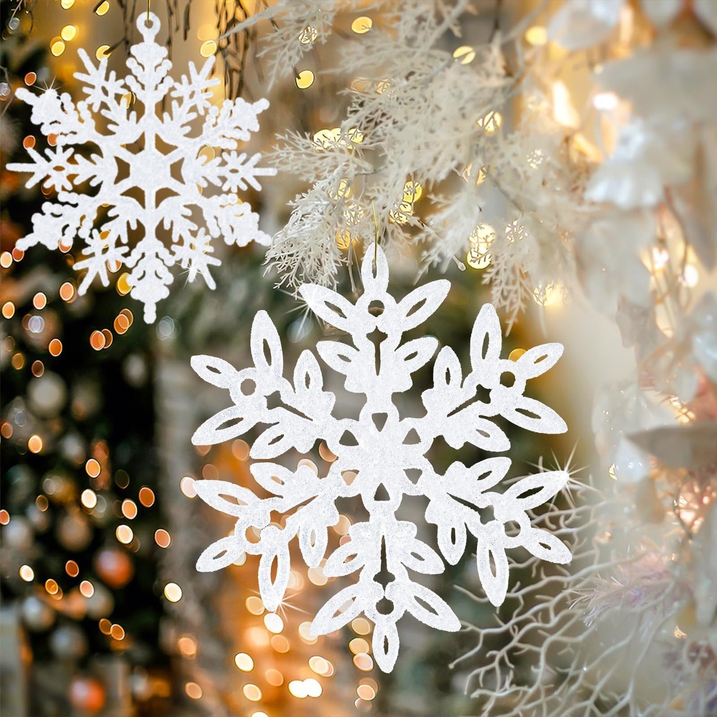 kockuu 49Pcs Christmas Ornaments Snowflake Decorations - White Glitter Christmas Ornaments Hanging Snowflakes for Winter Christmas Tree Wall Ceiling Window Ornaments