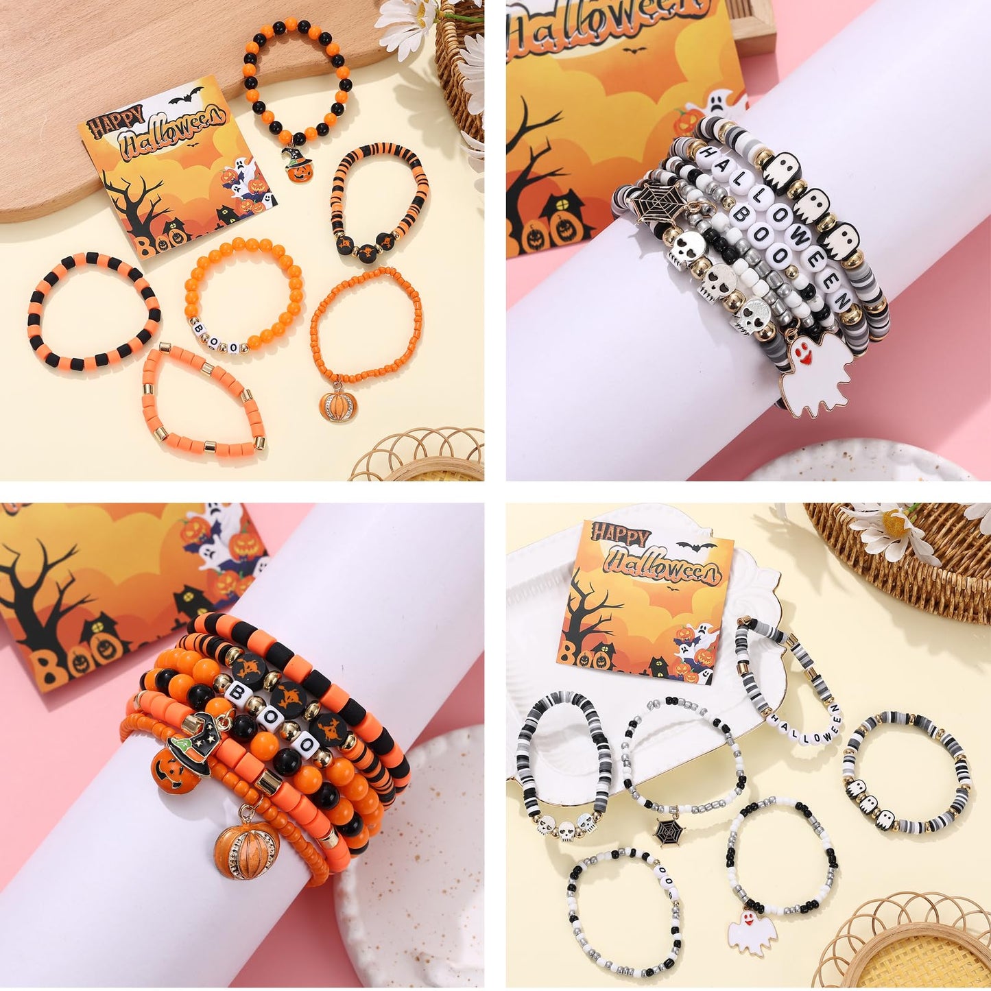36Pcs Halloween Bracelets for Women Halloween Beads for Bracelets Set Stackable Bracelet Halloween Jewelry Pumpkin Spider Ghost Charms Bracelets BOO Happy Halloween Stretch Bracelets Set Holiday Gift