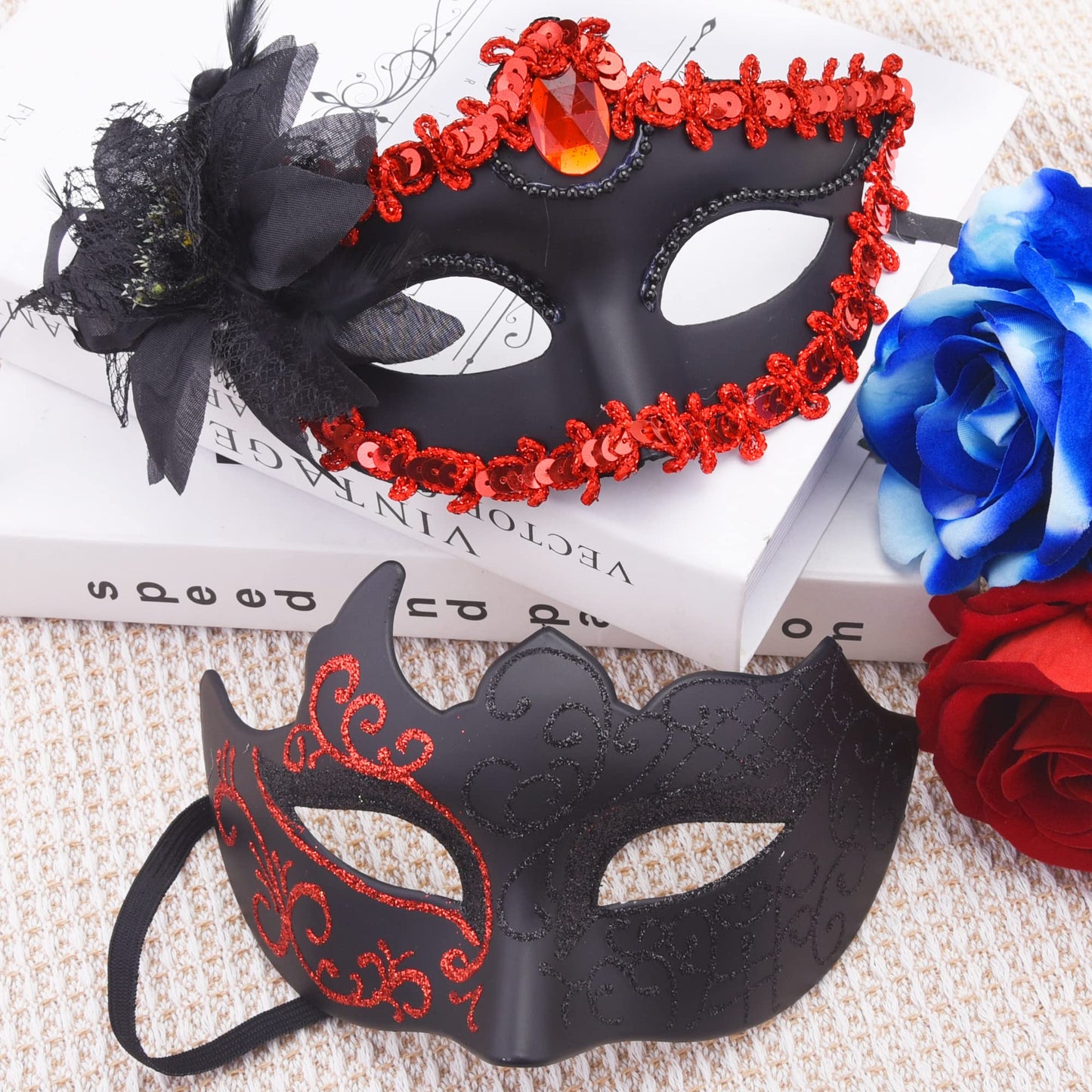 SIQUK Couple Masquerade Masks Plastic Venetian Party Mask Lace Halloween Costume Mask Rhinestone Mardi Gras Mask for Couples Women and Men