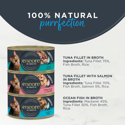 Encore 100% Natural Wet Adult Cat Food, Fish Selection in Broth, 8x70g Tins
