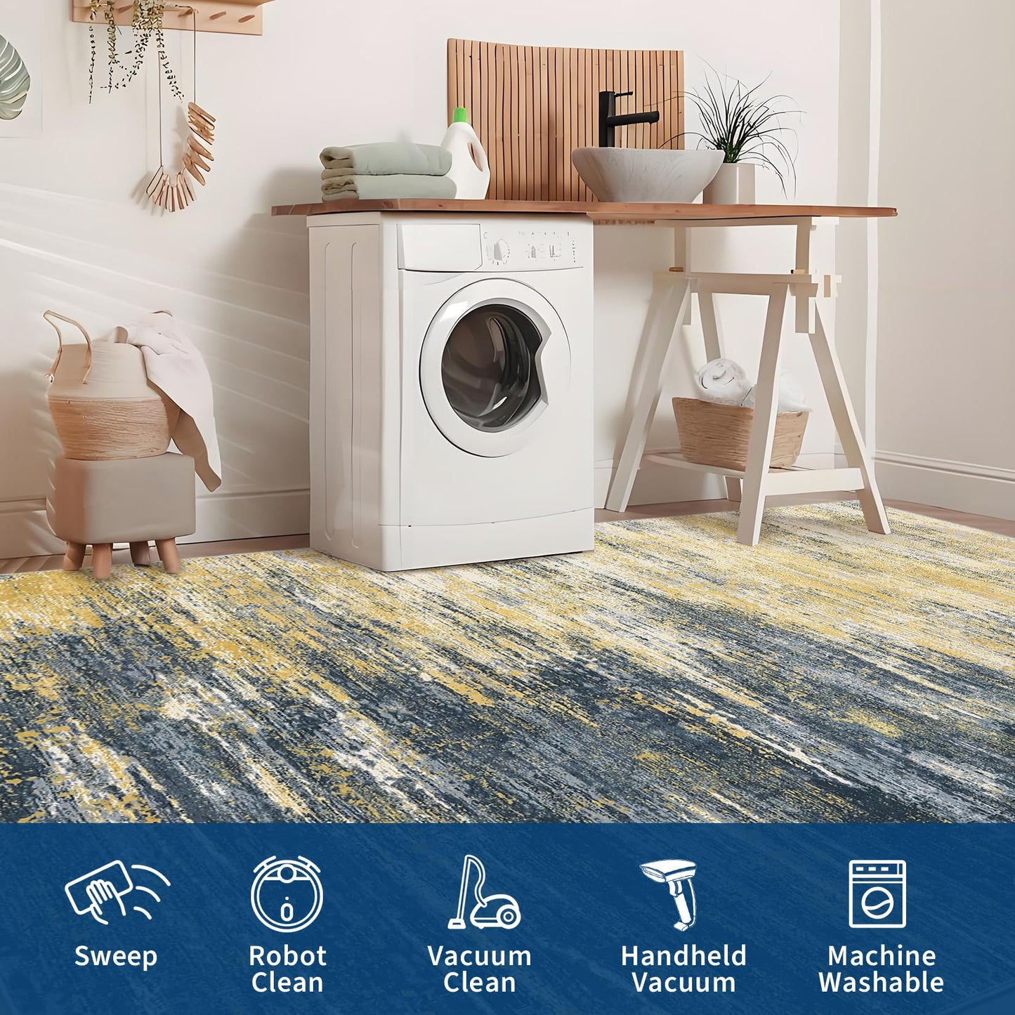 ROYHOME Modern Abstract Living Room Rug 8x10, Washable Area Rugs for Bedroom, Stain Resistant Non Slip Large Rug, Soft Indoor Carpet for Dining Room Table Home Decor, Yellow/Black
