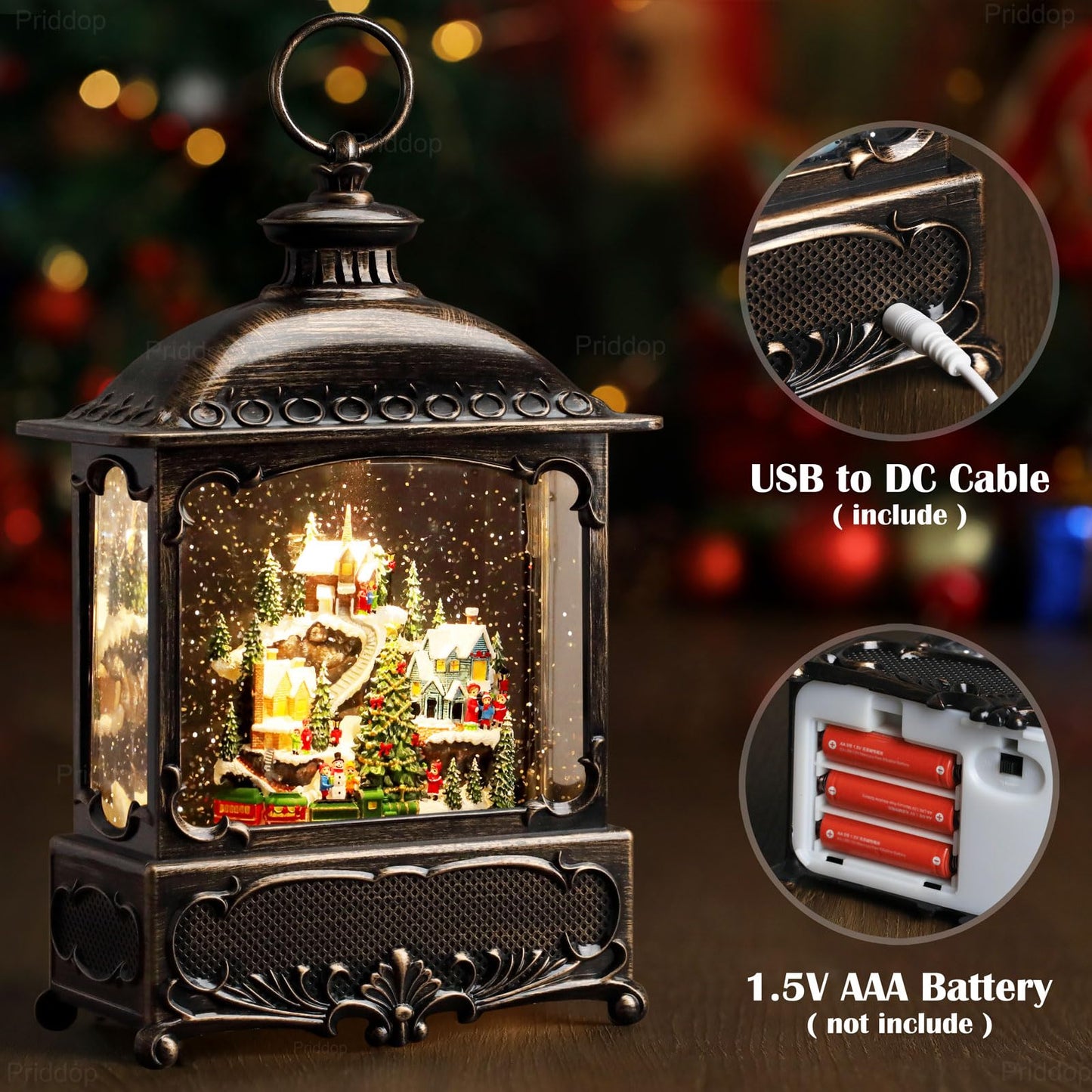 Priddop Christmas Snow Globe Lantern Christmas Decorations Gifts Snowy Village Scene Snowman Church Cabin Train Musical Glitter Snowfall USB/Battery Timer 12 inch