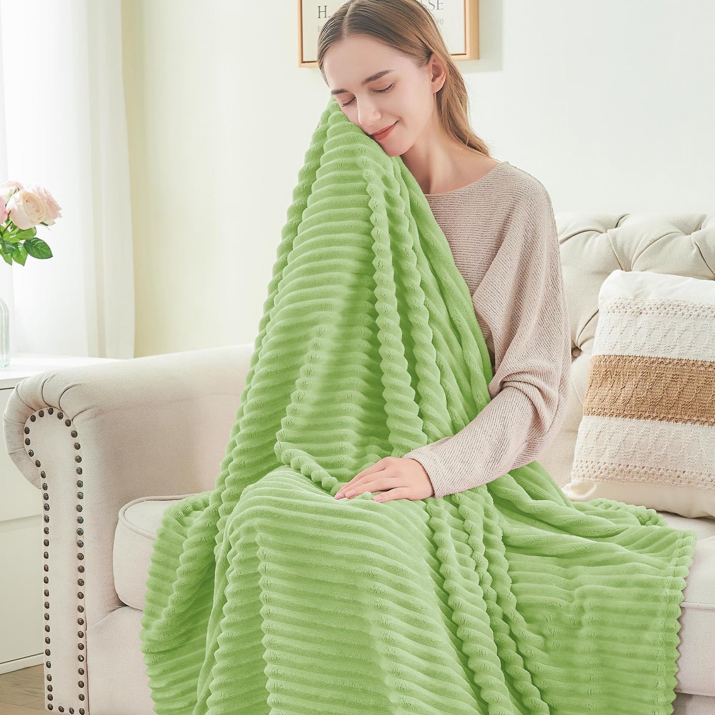 BEDELITE Sage Green Throw Blanket for Couch, 3D Ribbed Jacquard Soft & Cozy Fleece Blanket, Fluffy, Plush Lightweight Spring Throw Blankets for Picnic, Travel, 50x60 Inches