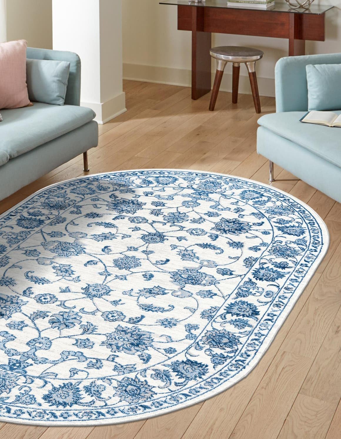 Unique Loom Boston Collection Area Rug - Floral (5' 3" x 8' Oval, White Blue/ Gray)