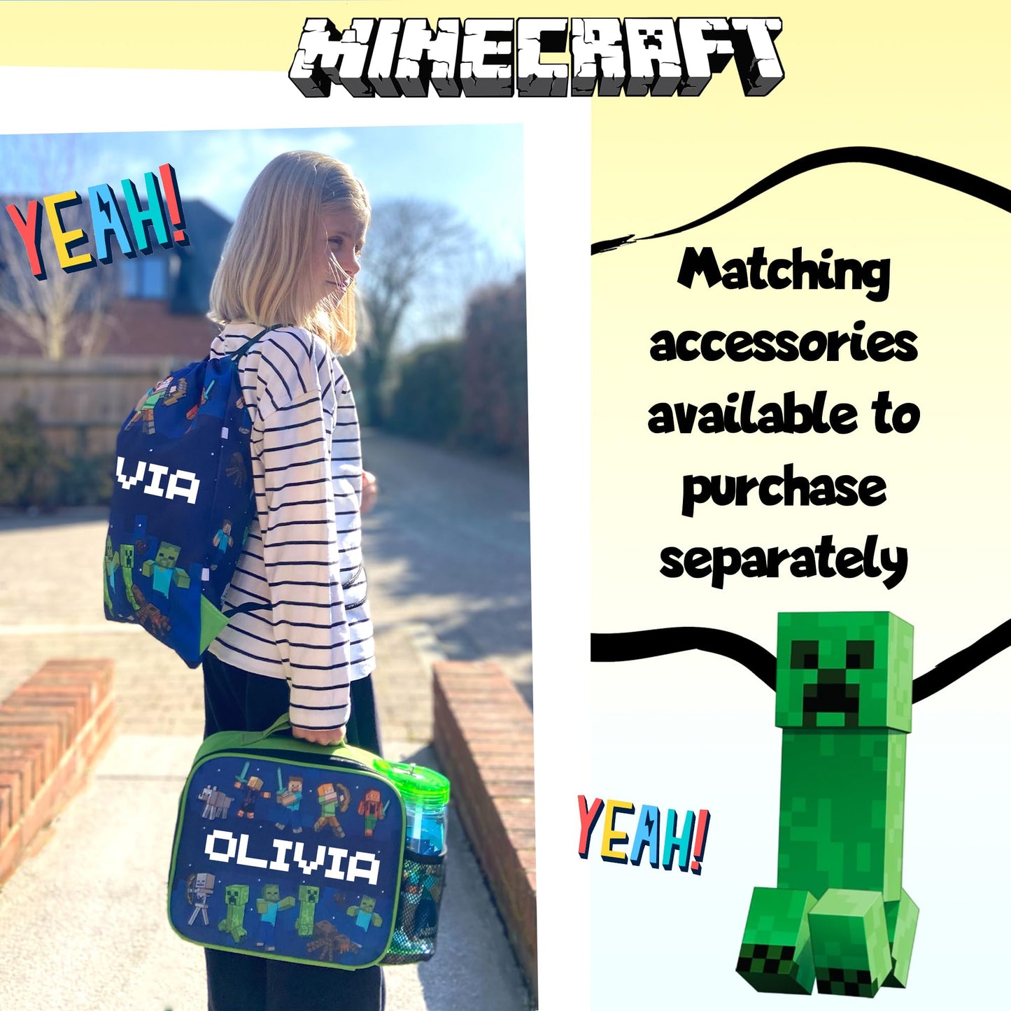 Minecraft - Personalised Kids Lunch Bag - Insulated Kids Snack Bag for Boys and Girls - Name Customisation - Dark Blue