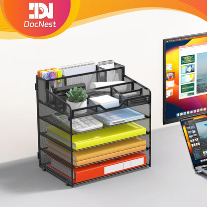 Docnest Multi-Functional Desk Organizer Tray, 5 Tier Paper Letter Tray Organizer with 3 Pen Holder, Mesh Desktop Storage with 5 Adjustable Compartments for Office Supplies-Black