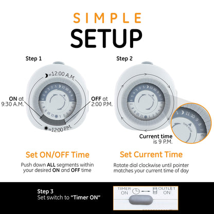 GE 24-Hour Heavy Duty Indoor Mechanical Timer, 1 Grounded Outlet Timer, ON/OFF Daily Cycle Timer Plug, 30-Minute Interval Timer Outlet, 125VAC Light Timer, Plug Timer, Lamp Timer, White, 1 Pack,15153