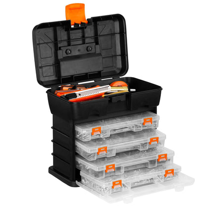 VonHaus Utility Tool Box Storage Organiser Case with 4 Drawers & Adjustable Dividers - Plastic Multi Tool Box Organiser with 4 Compartment Drawers - Ideal for DIY Tools and Accessories Storage