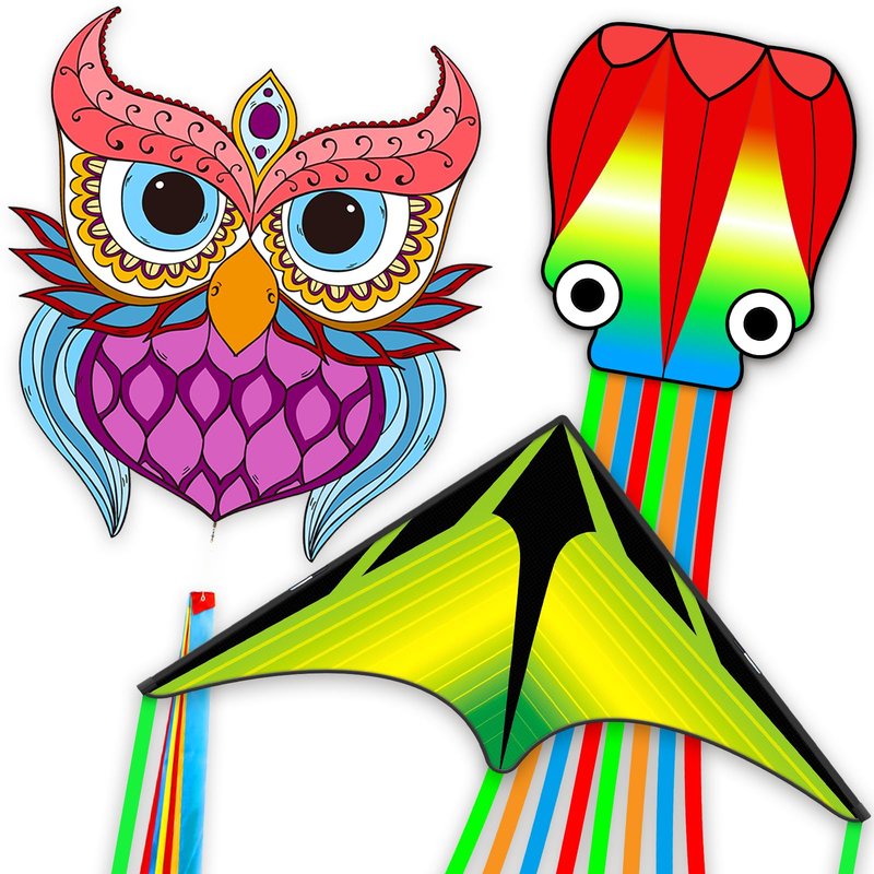 Kites for Adults & Kids Ages 4-8,Beach Kites Easy to Fly for Beginner, with Handle and 328ft Kite String，Best Toy and Gift for Boys & Girls. (Purple Owl,Grassland,Octopus, 3)