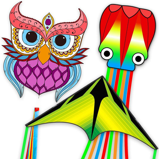 Kites for Adults & Kids Ages 4-8,Beach Kites Easy to Fly for Beginner, with Handle and 328ft Kite String，Best Toy and Gift for Boys & Girls. (Purple Owl,Grassland,Octopus, 3)