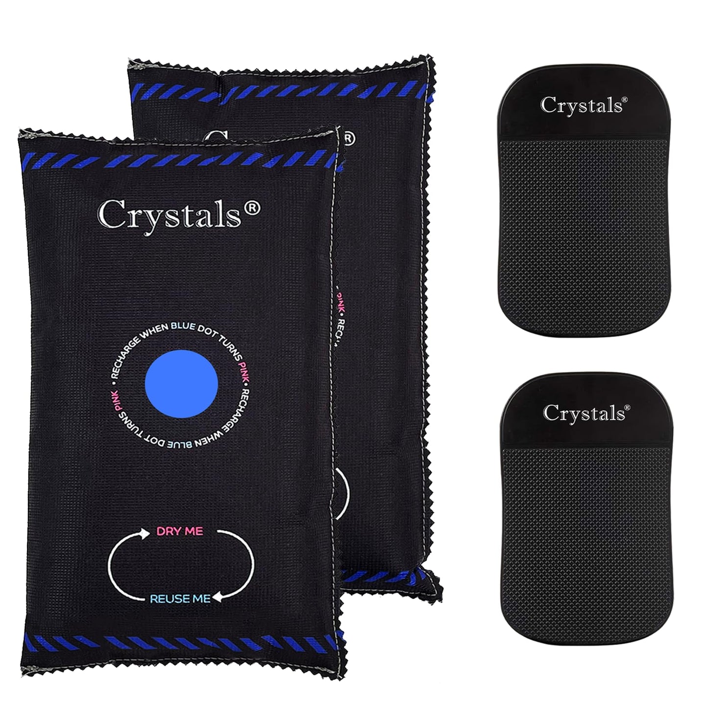 Crystals Pack of 2 x 1KG Reusable Car Dehumidifier, Van Car Caravan Home Moisture Absorber Bag with Anti Slip Pads, Moisture Condensation Absorber Damp Trap Keeps Windscreen Clear - Black