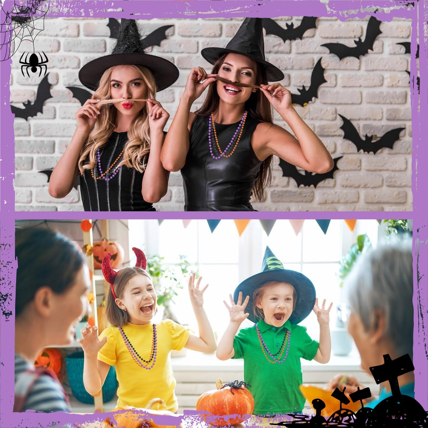 JULBEAR Bulk Halloween Beads Necklaces, 30 pcs Mardi Gras Black Orange Purple Bead Necklace for Holiday Party Favors Carnival Decorations Accessories Supplies