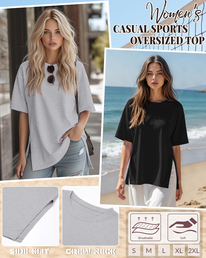 Huukeay 3 Pack Women's Oversized Gym T Shirts Short Sleeve Side Split Crewneck Tops Casual Summer Workout Baggy Basic Tee(Black, White, Gray,L)