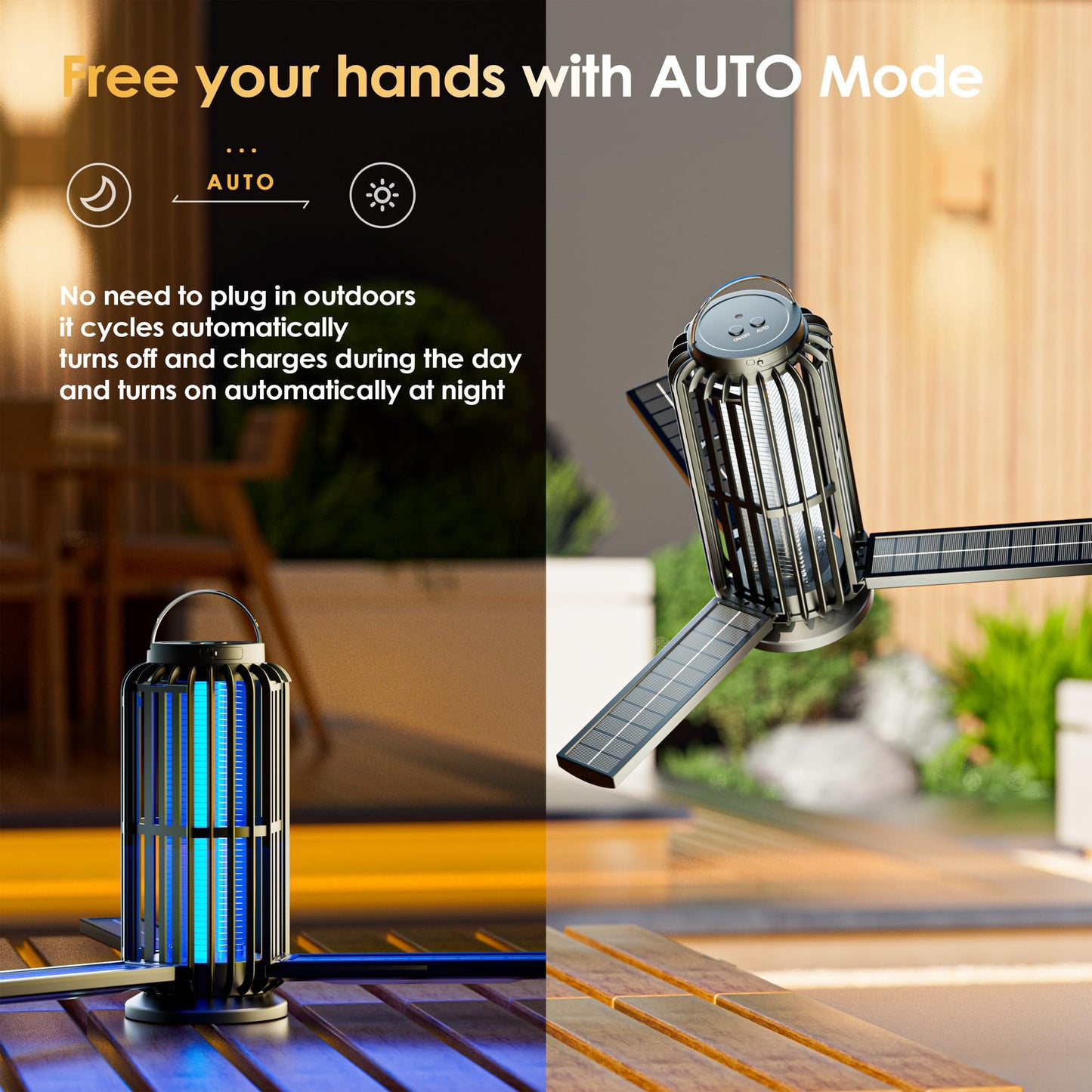 Bug Zapper, Solar Bug Zapper with 3 Solar Charging Panels, IP65 Waterproof Mosquito Zapper, 4200V Mosquito Zapper with LED Light, Outdoor Indoor AUTO ON/Off