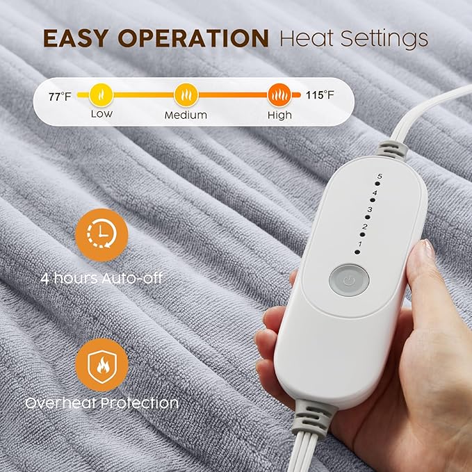 HYLEORY Heated Electric Blanket Full 72"x84" Soft Fleece & Flannel with 5 Heating Levels & 10 Hours Timer Auto Shutt Off, ETL Certified, Washable，Heated Blanket for Body-Light Grey