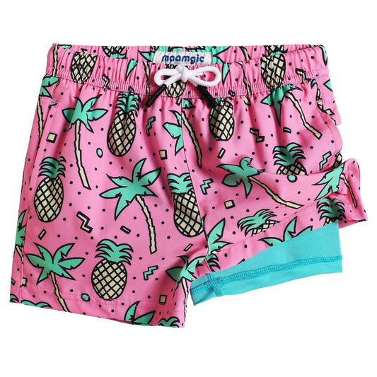 maamgic Boys Swim Trunks with Compression Liner Toddler Stretch Swim Shorts Quick Dry Swimming Trunks Boxer Brief 2 in 1 Beach Shorts Rose Coconut 10/12