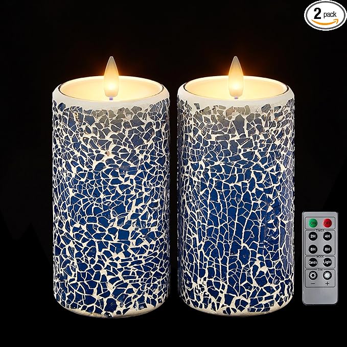 Blue Cracked Glass Flameless Pillar Candles - 3D Moving Flickering LED, Remote Timer & Battery Operated, Real Wax Interior for Home/Christmas Decor