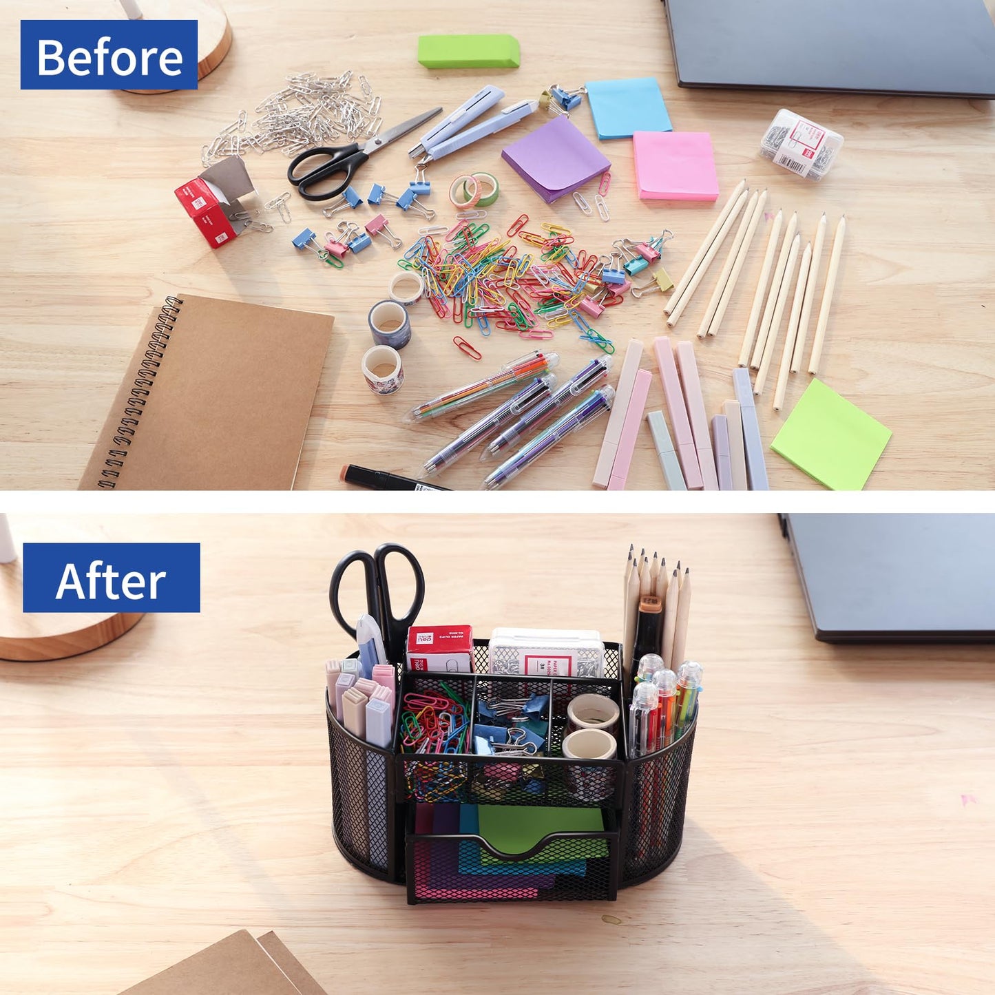 EOOUT Desk Organizer, Pencil Holder for Desk, Mesh Office Desk Accessories with 8 Compartments and 1 Drawer Stationery Holder School Supplies