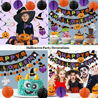meowtastic Happy Halloween Banner Decorations - Halloween Banner with Honeycomb Ball, Hanging Swirl Streamer, Circle Dot Garland Decorations for theme Party Decorations