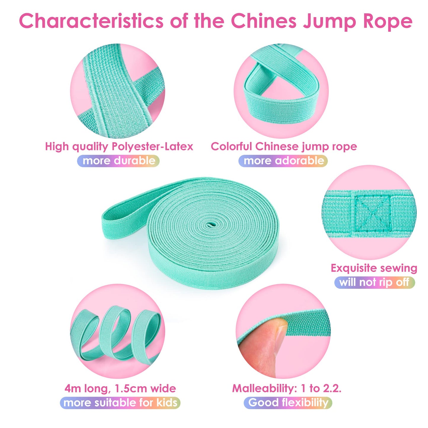 Cikyner Chinese Jump Rope, 4m Long 1.5cm Wide Elastic Chinese Ropes with Instructions French Skipping Rubber Band for Indoor and Outdoor Children Jumpsies Games, Ideal for Gifts for Girls and Boys