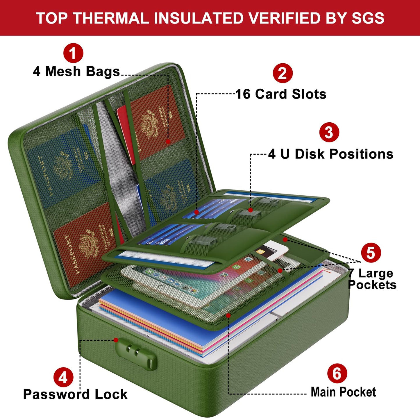 ENGPOW 5200°F Fireproof Document Bag with Lock, Upgraded Heat Insulated Fireproof＆Waterproof Box 8 Layers Document Organizer, Portable Home Travel Safe Storage Box for Important Files, Laptop,Green