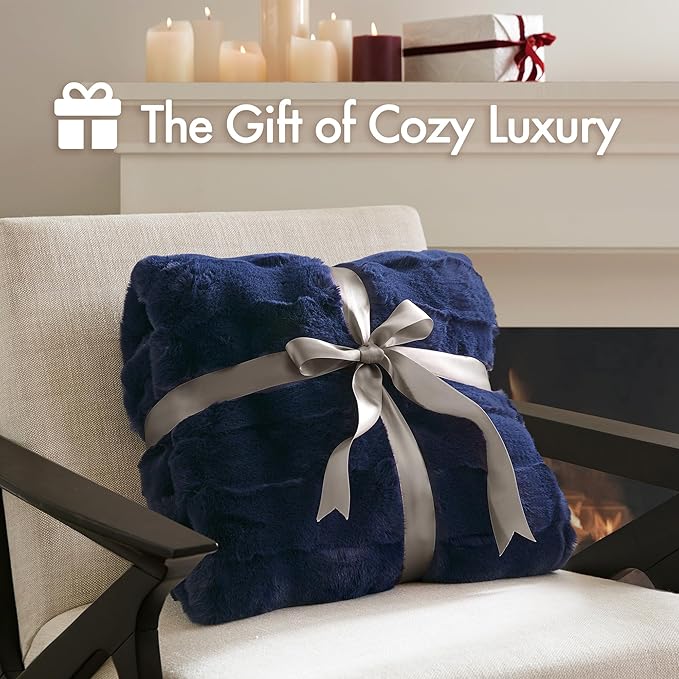 Madison Park Luxuriously Cozy Soft Long Faux Fur Basketweave Blanket, Reversible Soft & Snuggly Velvet Throw, Lightweight, Breathable, All Season, Trendy Room Décor, 50x60, Navy
