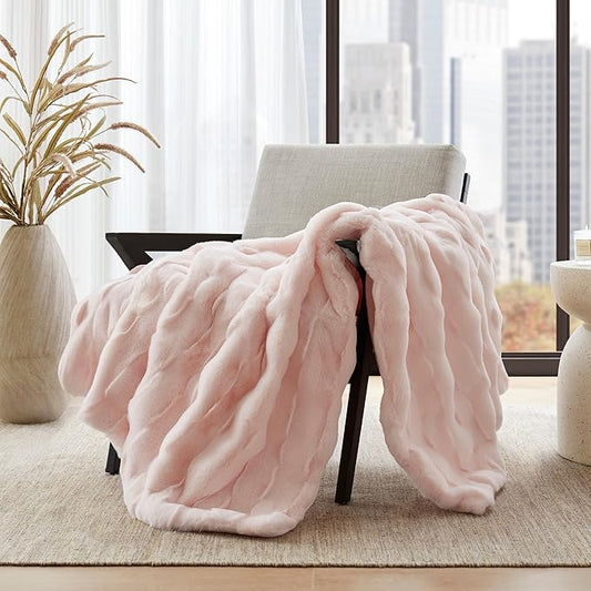 Madison Park Luxuriously Cozy Soft Long Faux Fur Basketweave Blanket, Reversible Soft & Snuggly Velvet Throw, Lightweight, Breathable, All Season, Trendy Room Décor, 50x60, Pink