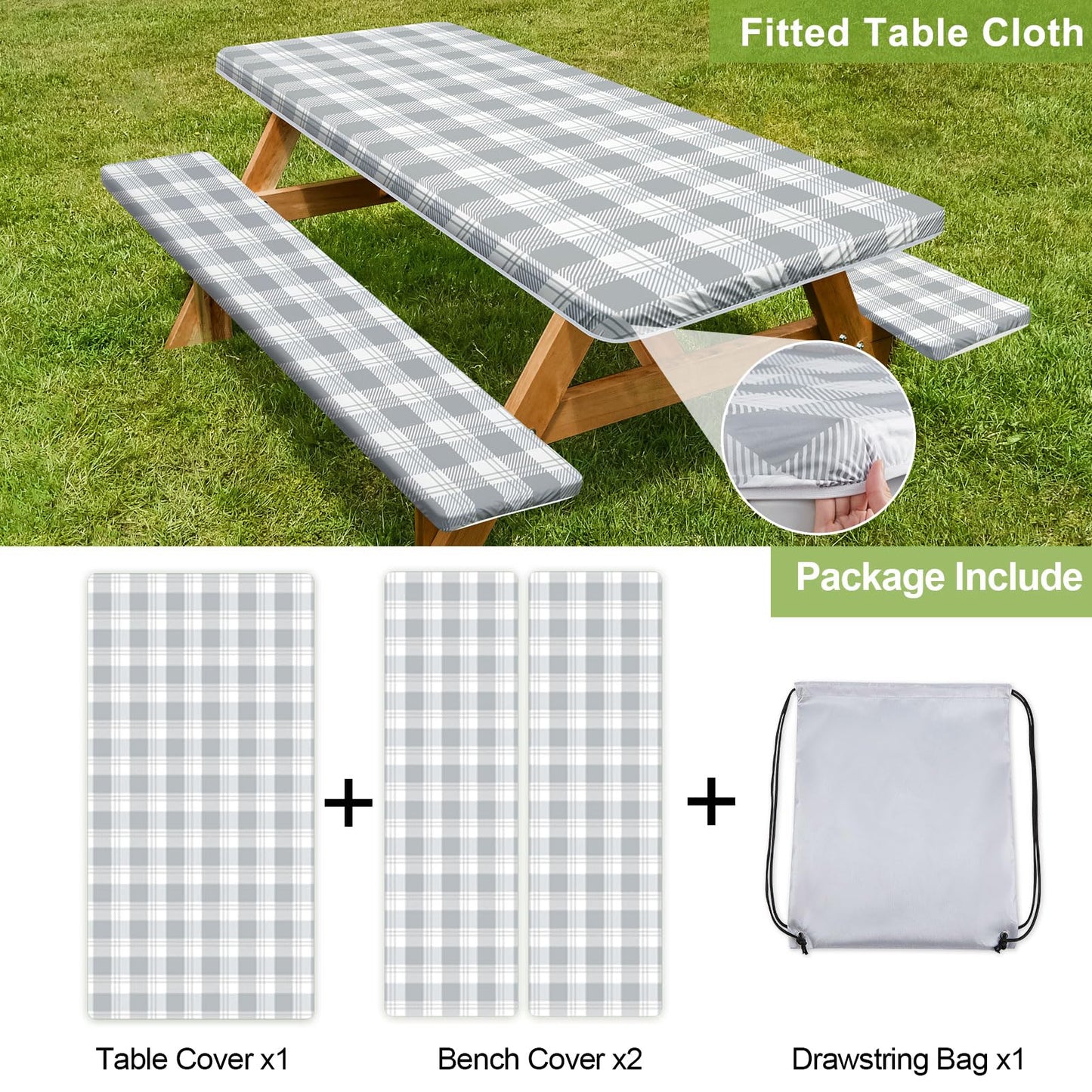 Picnic Table Cover with Bench Covers Camping Essentials Waterproof Windproof Camping Tablecloth with Drawstring Bag, Fitted Rectangle Tables and Seats, 72in, Grey Checkered