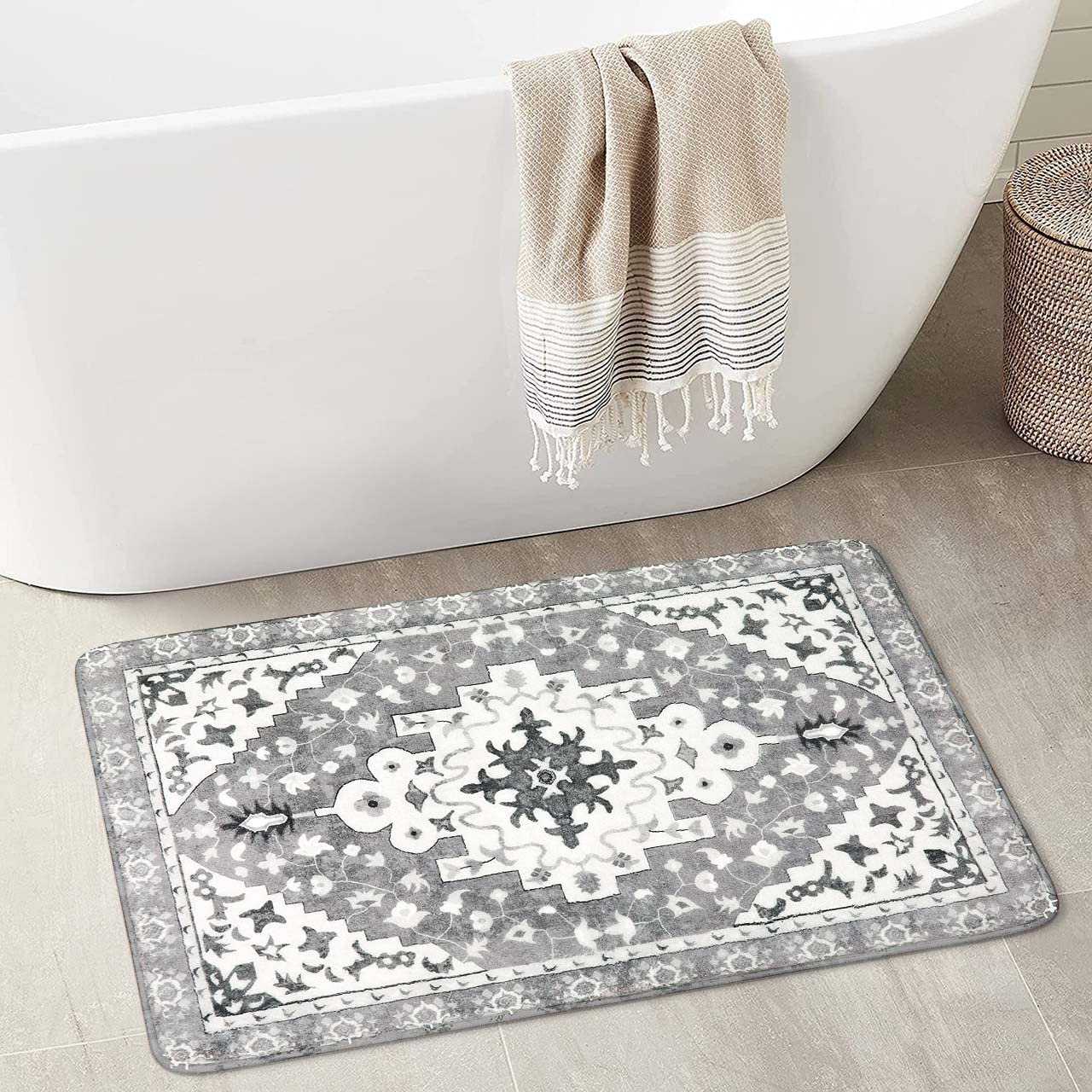 Uphome Boho Retro Bathroom Rug Gray Non-Slip Soft Bath Rug Machine Washable Oriental Bathroom Mat Traditional Farmhouse Floral Floor Mats for Bathtub Shower Toilet, 20x31 inch