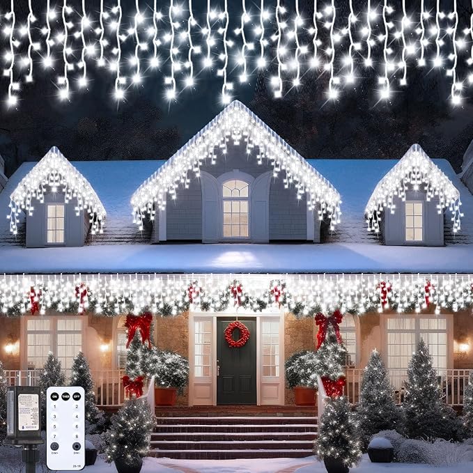 66 Ft 640 LED Christmas Icicle Lights Extra Long 8 Modes Waterproof Icicle String Light with 120 Drops, Fairy Hanging Lights Decor with Remote for Xmas Wedding Indoor Outdoor Cold White