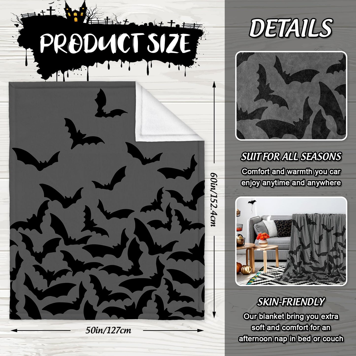 JarThenaAMCS Halloween Fuzzy Blanket Bat Throw Blanket Gray Black Soft Cozy Flannel Blanket for Home Bed Sofa Couch Chair, 50 x 60 Inch
