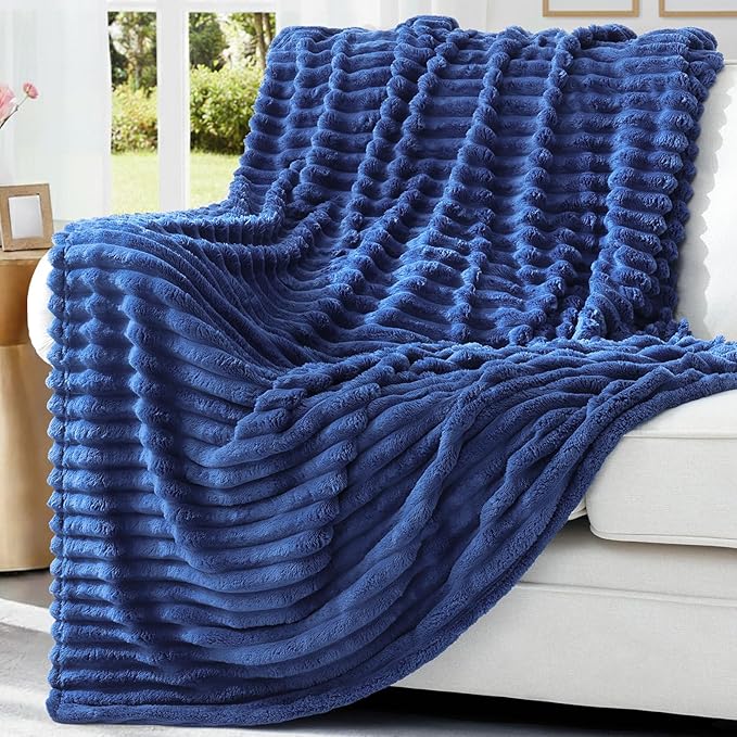 decorUhome Soft Fleece Navy Blue Blanket Queen Size for Bed, Cozy Fluffy Plush Flannel Large Striped Throws for Couch Sofa, Lightweight Decorative Fuzzy Blanket for Woman, 90x90 Inches
