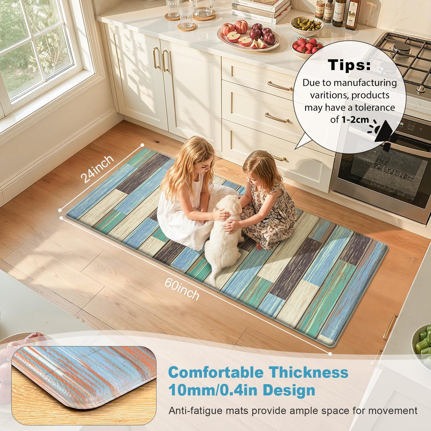 LOKHOM Anti Fatigue Kitchen Mats for Floor, 24x59 Non Slip Modern Cushioned Standing Comfort Kitchen Runner Rug, Waterproof Geometric Patchwork Memory Foam Padded for Sink Laundry Office, Teal