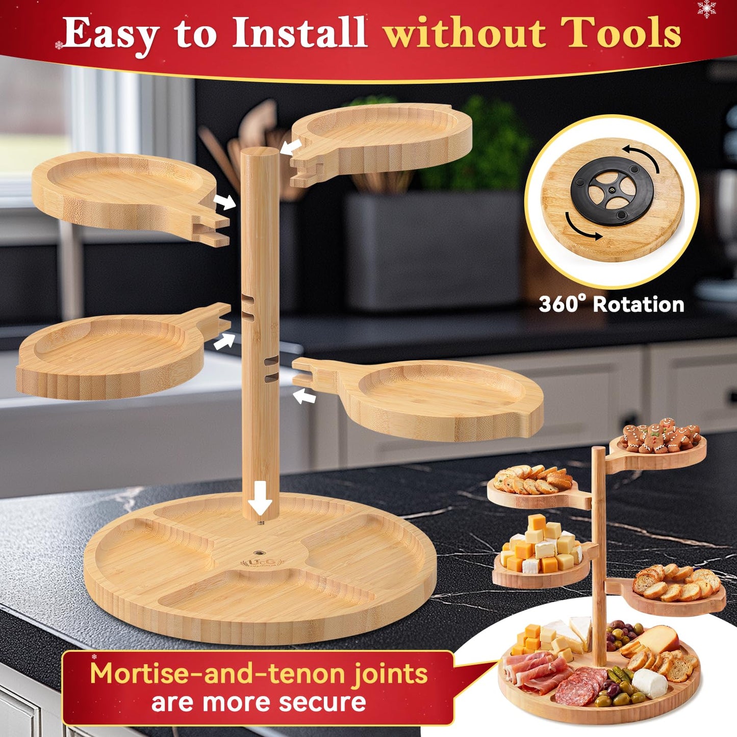 Tiered Charcuterie Board Gift for Women: Bamboo 360° Rotating Round Base with 4 Swivel Trays - White Elephant Gift Valentine Holiday Hosting Christmas Birthday Parties House Warming Gift for Couples
