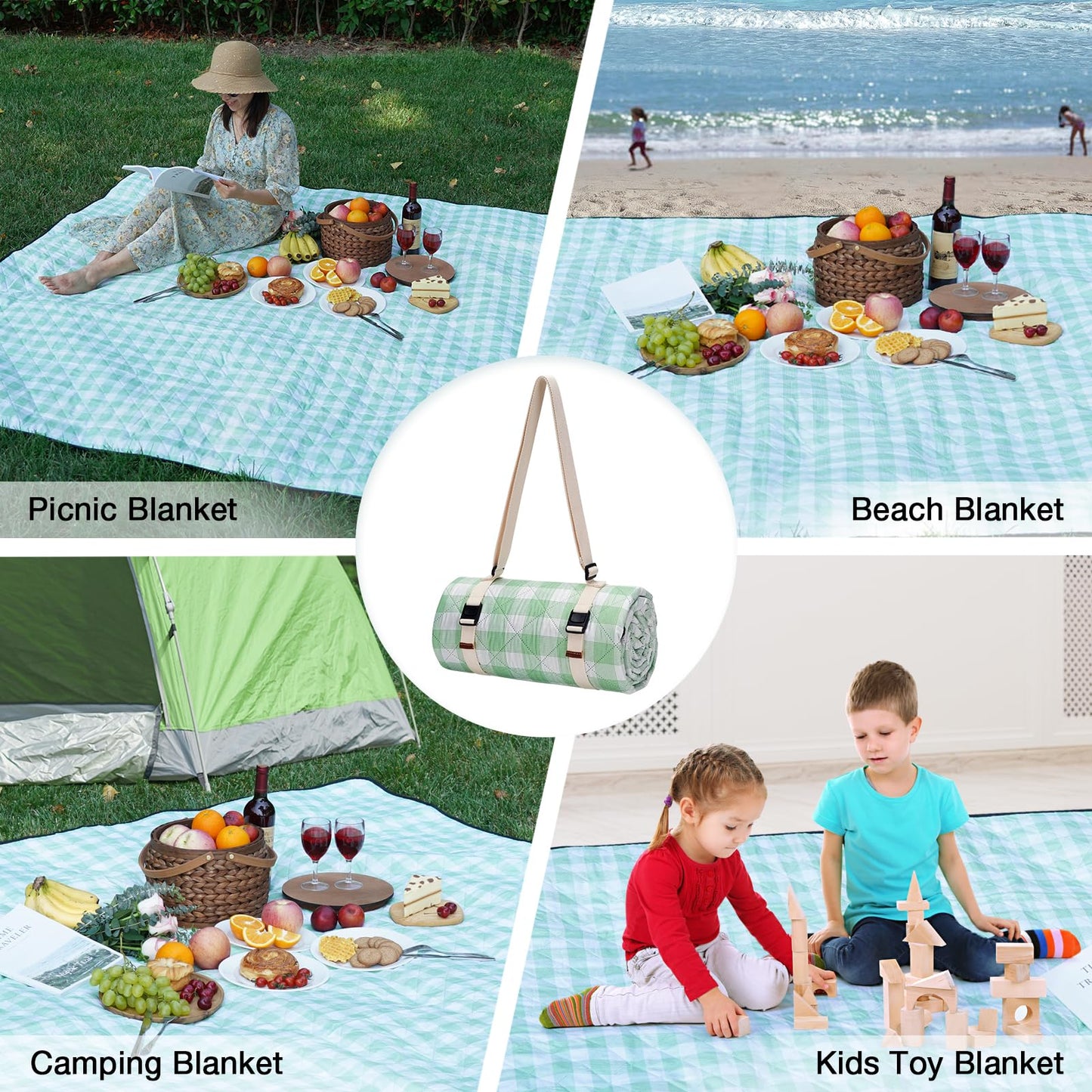 WILLOW WEAVE Picnic Blanket, 80''x80'' Waterproof Outdoor Blankets, Picnic Mat Washable for Beach, Picnic Blankets for Camping on Grass with Shoulder Strap - Green & White
