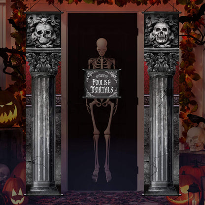 2 Pieces Halloween Gothic Mansion Banners Halloween Skull Hanging Banners with Welcome Foolish Mortals Porch Sign Spooky Pillar Sign Decorations for Outdoor Party Supplies