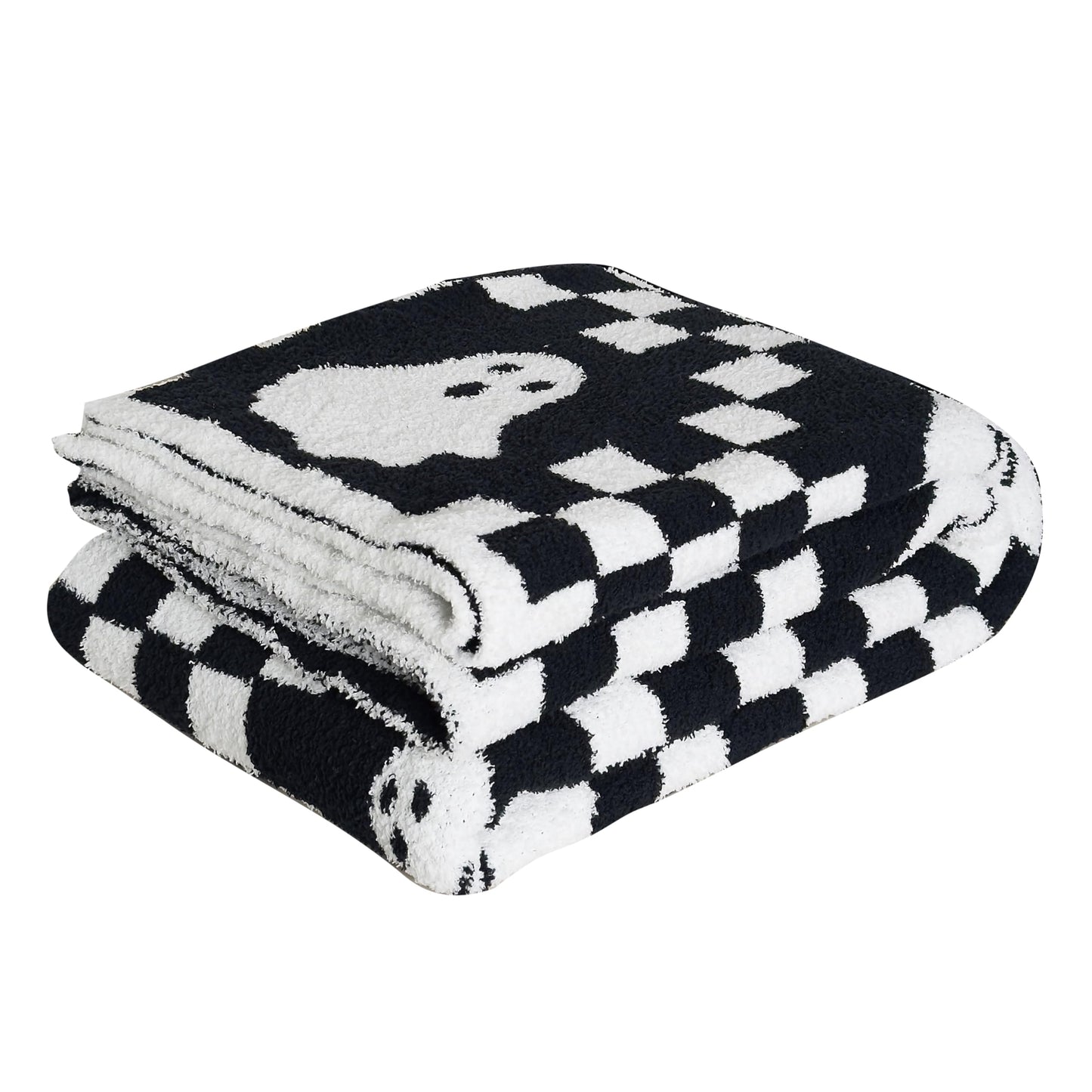 Ultra Soft Cozy Checkered Ghost Halloween Knitted Throw Blanket Fluffy Microfiber Checkerboard Bed Blanket Lightweight Both Sides Throw Blanket for Couch Sofa Bed 50"X60"Black¡­