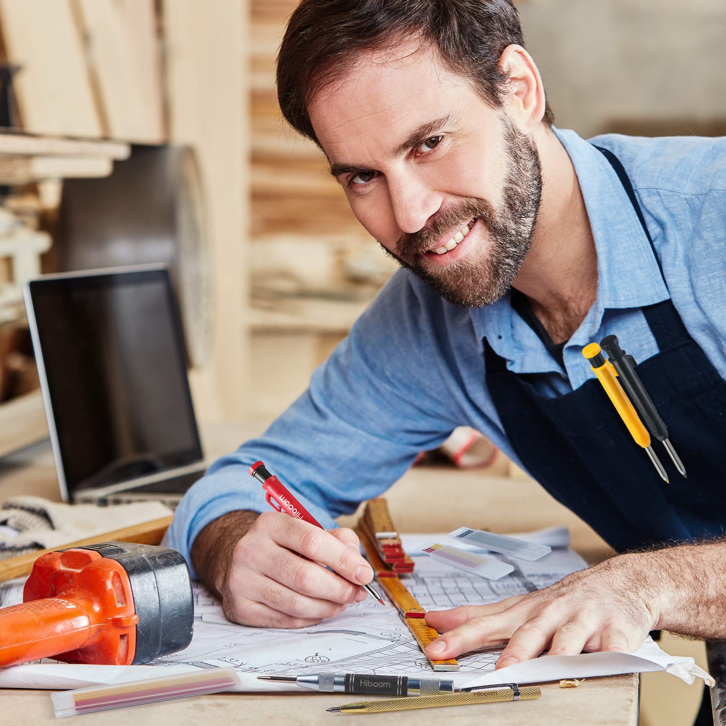 Hiboom Mechanical Carpenter Pencils with Solid Deep Hole Woodworking Pencils with Built in Sharpener & Refills, Automatic Center Punch, Carbide Scribers Tool Set for Architect Construction