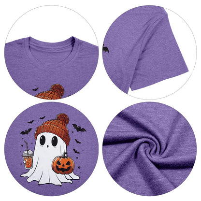 Halloween Shirts for Women Cute Ghost Shirt Fall Pumpkin Tshirt Coffee Lover Graphic Tees Casual Short Sleeve Tops