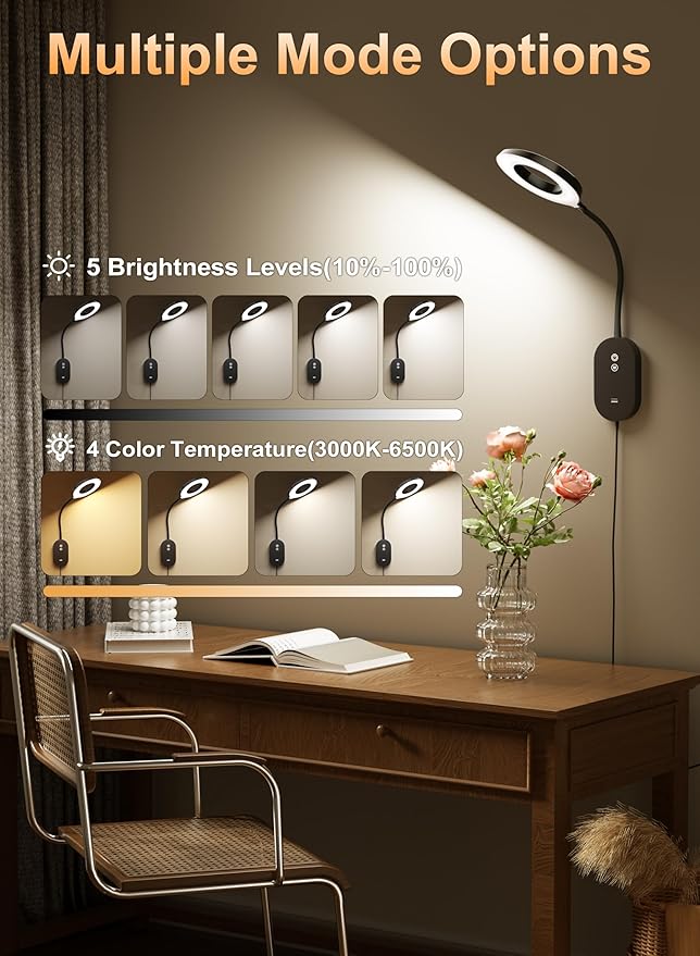 Wall Mounted Reading Light, Bedside Headboard Lights with 10W USB Output Fast, 5 Dimmable & 4 Color Temperature, Memory Function, 4-Hour Auto Off, Flexible Gooseneck 3000K-6000K Bed Wall Lamp (Black)