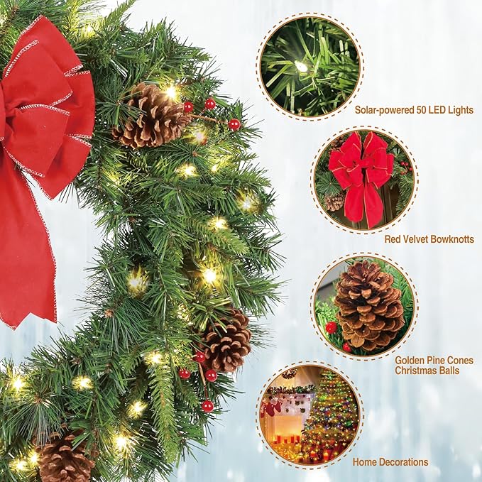 4Pack Solar Christmas Wreath Pre-Lit Solar 50 Led Artificial Wreath Outdoor Front Door Window Christmas Decorations with Frosted Branches Berry Clusters Red Velvet Bows (2401-4pk)