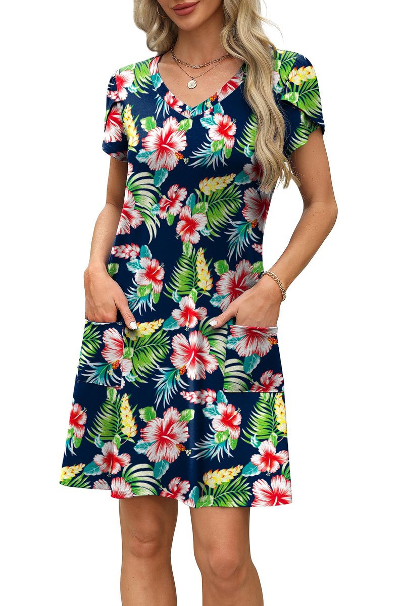 OFEEFAN Hawaiian Dresses for Women Summer Tropical Floral Dress Tshirt Dress Sundresses Beach Vacation Clothes Resort Wear Outfits Print 01 L