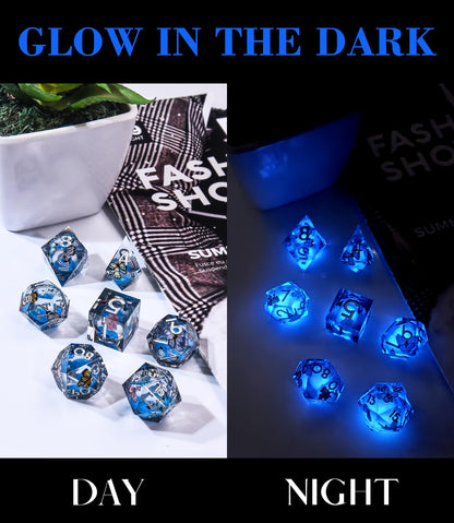 AUSTOR Liquid Core Butterfly Resin DND Dice Set, 7-Die Glow in The Dark Dice Sharp Edge Polyhedral Dice Luminous Dice Role Playing Dice for Dungeons and Dragons RPG MTG Table Games
