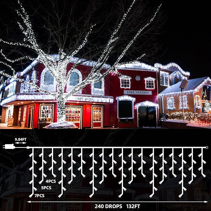 132Ft 1280 LED Christmas Icicle Lights Extra Long 8 Modes Waterproof Icicle String Lights with 240 Drops, Fairy Hanging Lights Decor with Remote for Xmas Wedding Indoor Outdoor(Cold White)