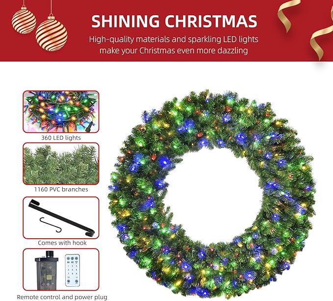 HOYECHI 72in Pre-Lit Christmas Wreath - with 360 Colorful LED Lights, 1160 PVC Tips, Timer, Remote & Hook, Large Outdoor Holiday Decor for Front Door, Wall, Garage, Power Plug-in