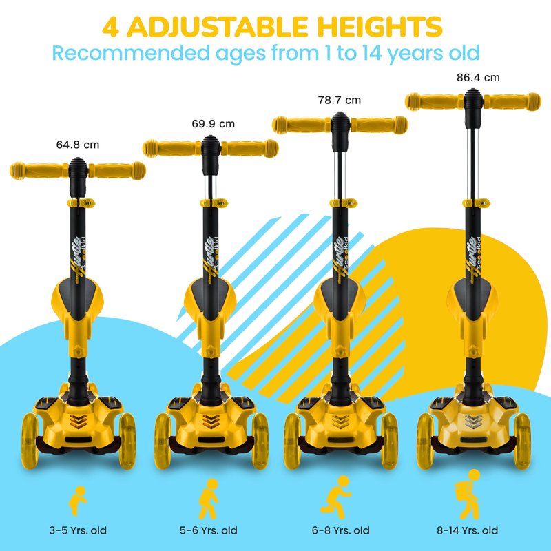 Hurtle 3 Wheeled Scooter for Kids - 2-in-1 Sit/Stand Child Toddlers Toy Kick Scooters w/ Flip-out Seat, Adjustable Height, Flashing Wheel Lights, Great for Indoor/Outdoor Fun, Yellow
