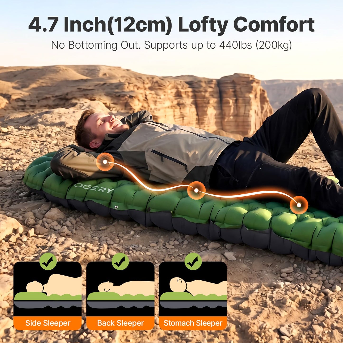 OGERY Sleeping Pad for Camping, R-Value 9.0 Insulated 4 Season Sleeping Mat, 4.7" Thick Ultralight Inflatable Camping Air Mattress with Pump Bag, Compact for Cold Weather