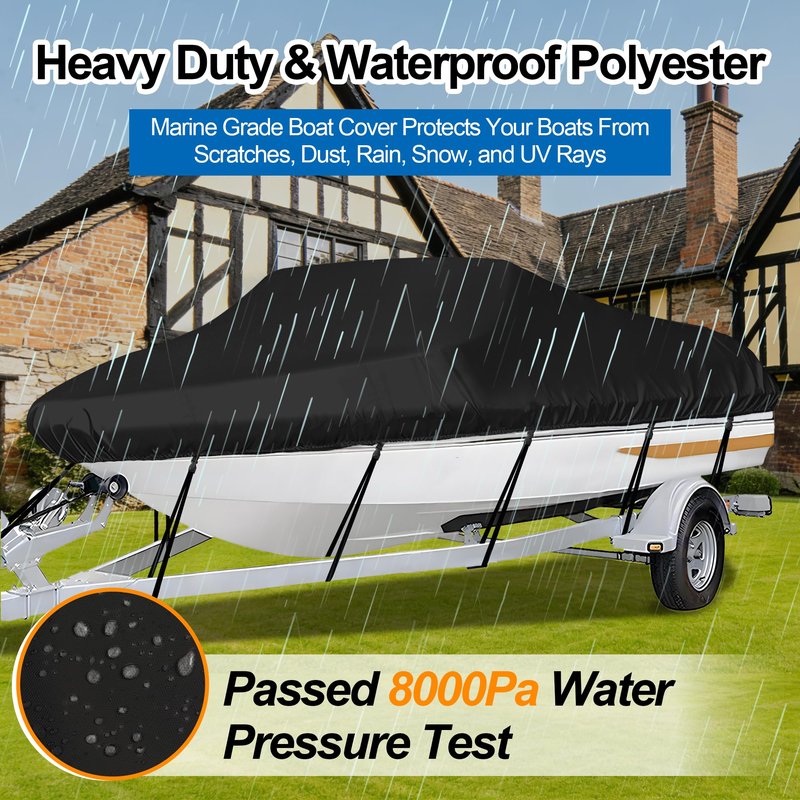 iCOVER Trailerable Boat Cover- 16'-18.5' Heavy Duty Waterproof Tarp Covers with Storage Bag, Fits V-Hull, Fish&Ski, Pro-Style, Fishing, Runabout, Bass Boats, up to 16ft-18.5ft Long X 94" Wide