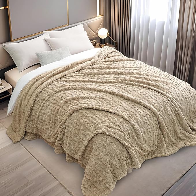 PHF Fluffy Sherpa Blanket Twin Size for Winter, Warm and Soft, 510GSM 3D Jacquard Thick Shaggy Fleece Plush Blanket for Sofa Bed, Khaki, 60"x80"