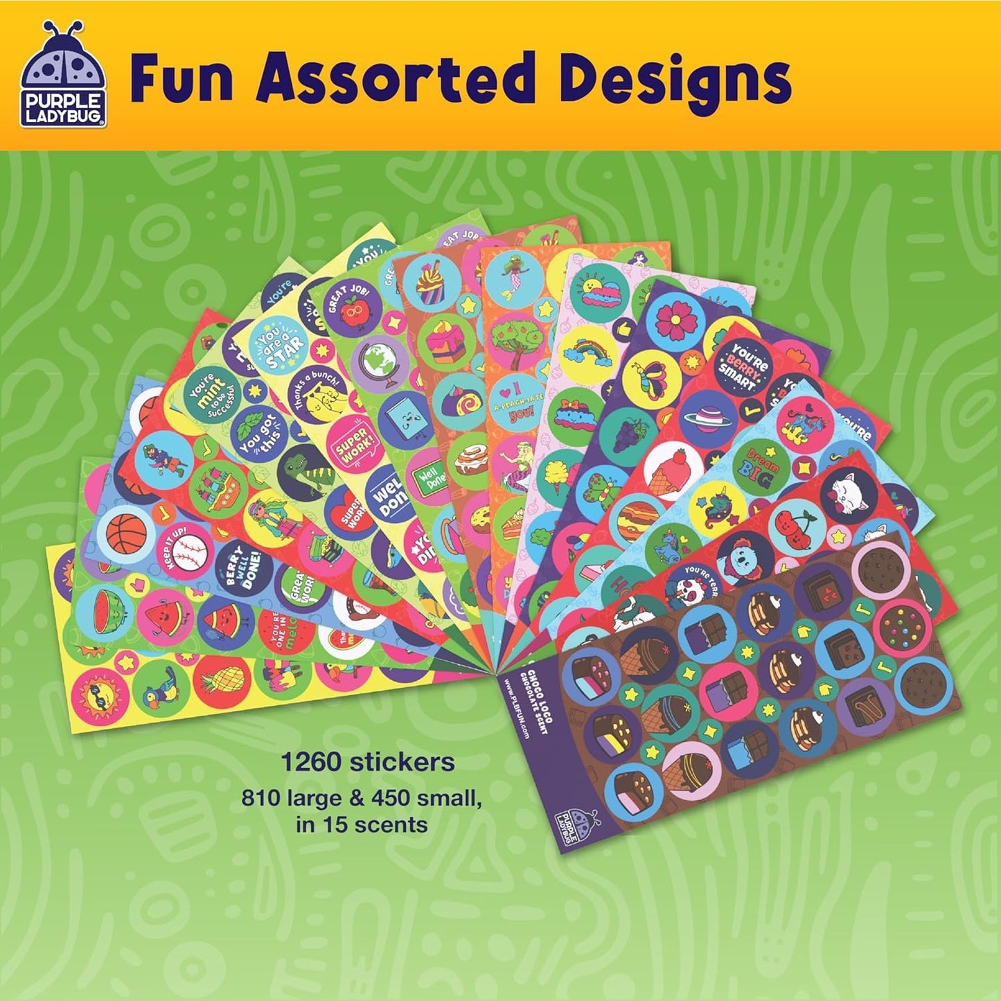 PURPLE LADYBUG 1260 Scratch and Sniff Smelly Stickers - 810 Large & 450 Small Scented Stickers in 15 Unique Scents for Kids & Teachers - Back to School Supplies, Ideal for Rewards, Classroom must-have